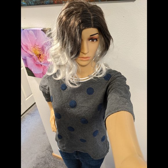 Gap Long Sleeve Gray w/ Blue Sparkle Polka Dots Loose Fitted Top Size XS - Picture 2 of 7